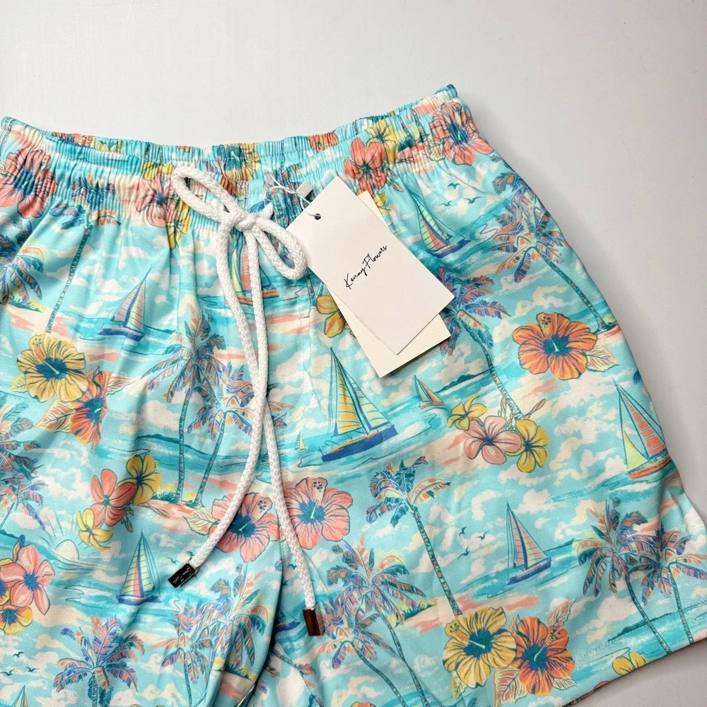 Kenny Flowers The BVIs Swim Trunks Men Small Light Blue Tropical Sailboat NEW